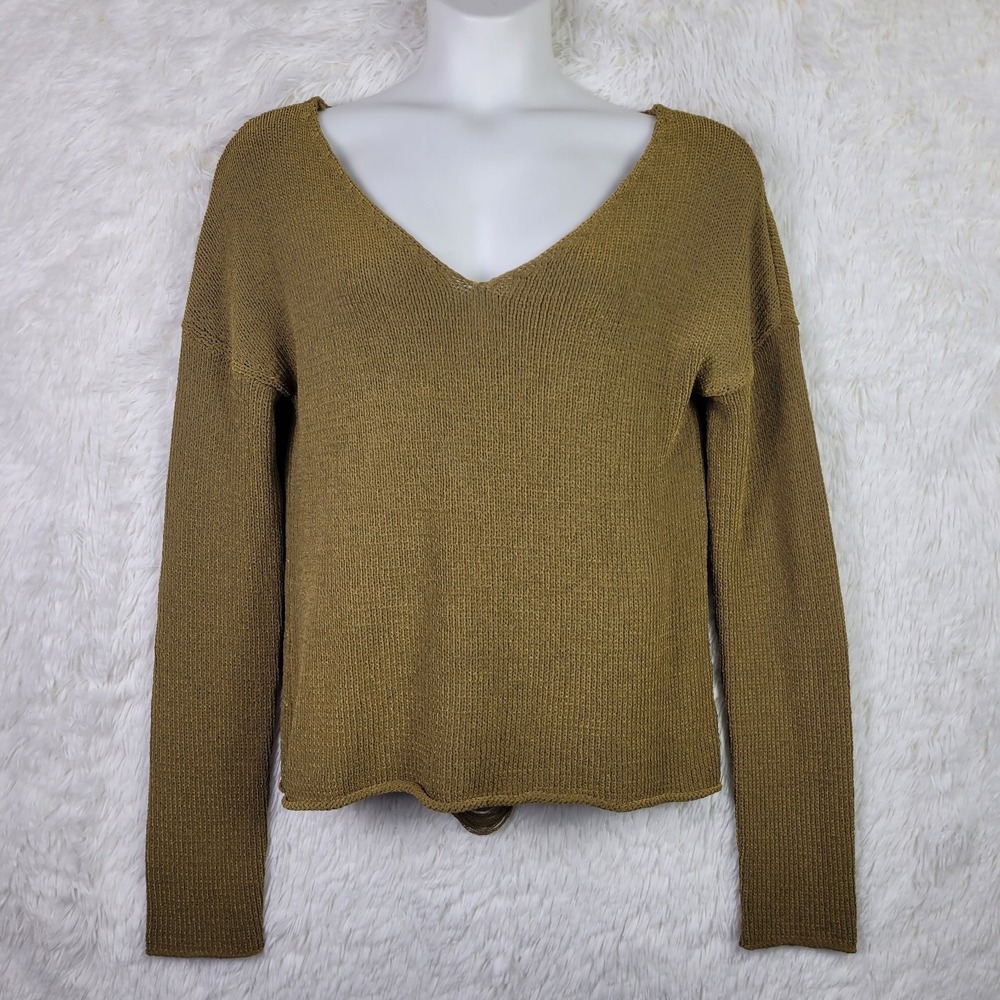 Rebecca Minkoff Sz L Olive Bronze V-Neck‎ Distressed Ladder Back Sweatshirt